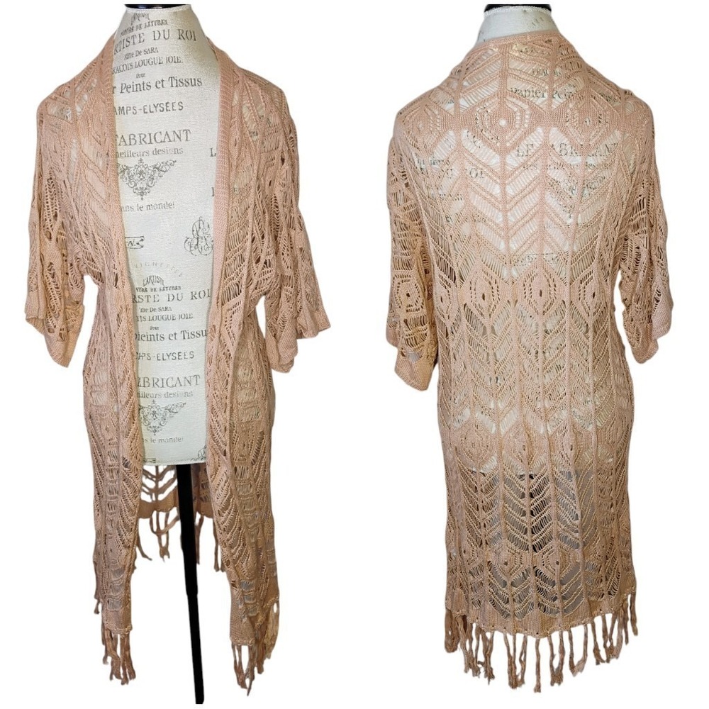 Kori America Open Knit Duster Cardigan Womens S/M Mauve Fringe Boho‎ Festival